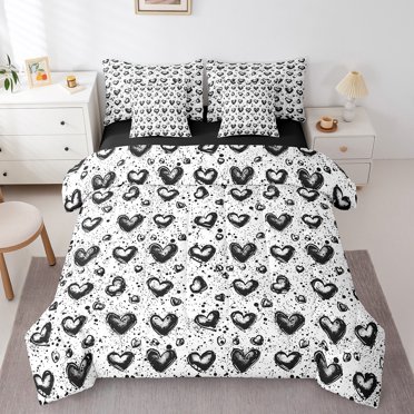 Ensemble de Literie 7 Pcs Love Hearts pour Lit Simple, Cœurs Romantiques Pois Noir Blanc Peinture Hippie Graffiti Sac de Lit pour Enfants, Ensemble de Couette Thème Saint-Valentin avec Draps, Housses d'Oreiller
