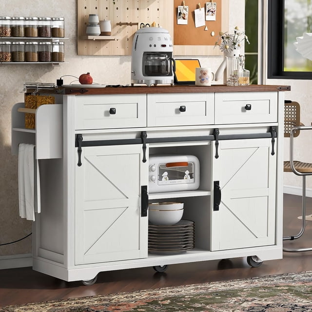 Farmhouse Kitchen Island with Power Outlet, 2 Sliding Barn Door and Drop Leaf, Spice Rack Rolling Kitchen Cart on Wheels for Home and Dining Room (White)