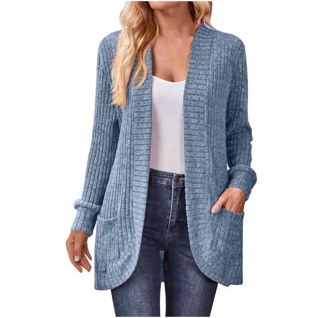 Yuyuzo Womens Cardigan Long Sleeve Open Front Ribbed Knit Tops Fall Casual Outwear Solid Color with Pockets