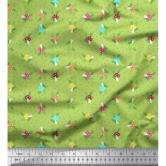 Soimoi Tissu Popeline de Coton Vert à Pois, Feuilles et Champignons Imprimé Légumes 1 Yard 56 Pouces de Large