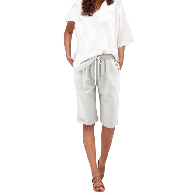 TrendOFT Summer Shorts For Women Casual Solid Color Linen Drawstring High Waist Lightweight Elastic Plus Size With Button Pockets Comfort Style Lounge Shorts Women Athletic Shorts White XXXXL