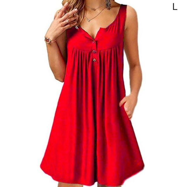 Robe Femme Plissée à Boutons Gilet T-shirt Robe Décontractée Plissée à Poches Robe Débardeur, Rouge, G