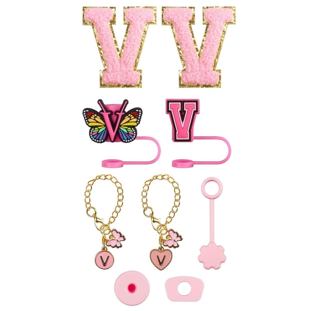Glass&Bottle Accessory Set for Drinkware – Embroidery Patch Straw Covers Charm Necklace Chain & Leak Guard Complete Decorative Upgrade Kit