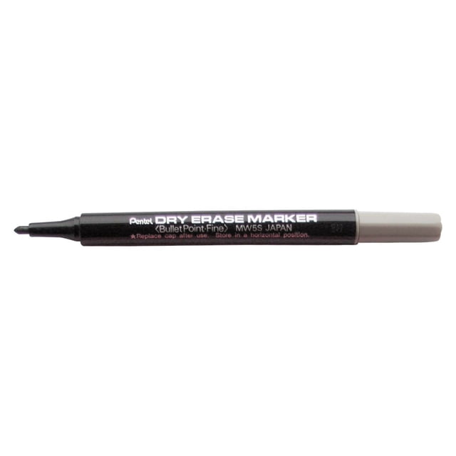 Pentel Marqueur Effaçable à Sec à Pointe fine en Noir. le Marqueur Présente un design Cylindrique Mince avec un Baril Noir et un Capuchon Gris. Idéal pour une Écriture Précise sur des Tableaux Blancs. Vendu à l'Unité.