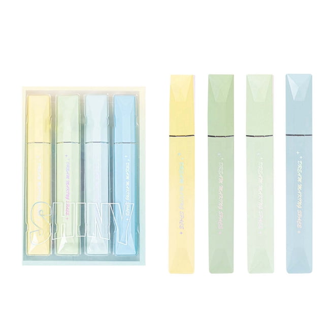 Glitter Pastel Highlighter Cute And Beautiful Highlighter Pen Highlighter Pen Suitable For Diary Notepad Highlighting Note Taking10ml. A set of four glitter pastel highlighters in assorted colors, including yellow, green, and blue, with a sleek, faceted design. Ideal for journaling, note-taking, and highlighting, these pens add a touch of sparkle to your writing. Packaged in a compact, transparent box for easy storage.