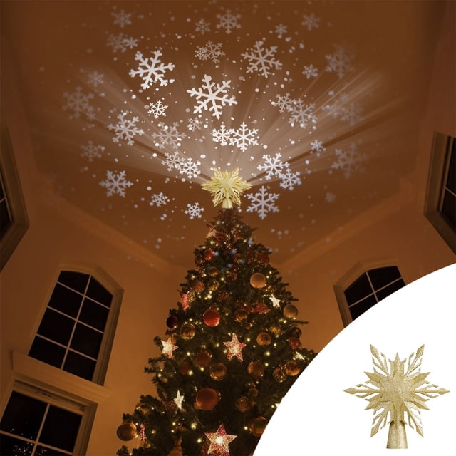 Wzzjkit Christmas Tree LED Tree Top Projector, a gold star-shaped topper with built-in LED projector creating snowflake patterns on the ceiling. Perfect for Christmas tree toppers, holiday decorations, and festive home party decor. Suitable for indoor use in living rooms, offices, and churches.