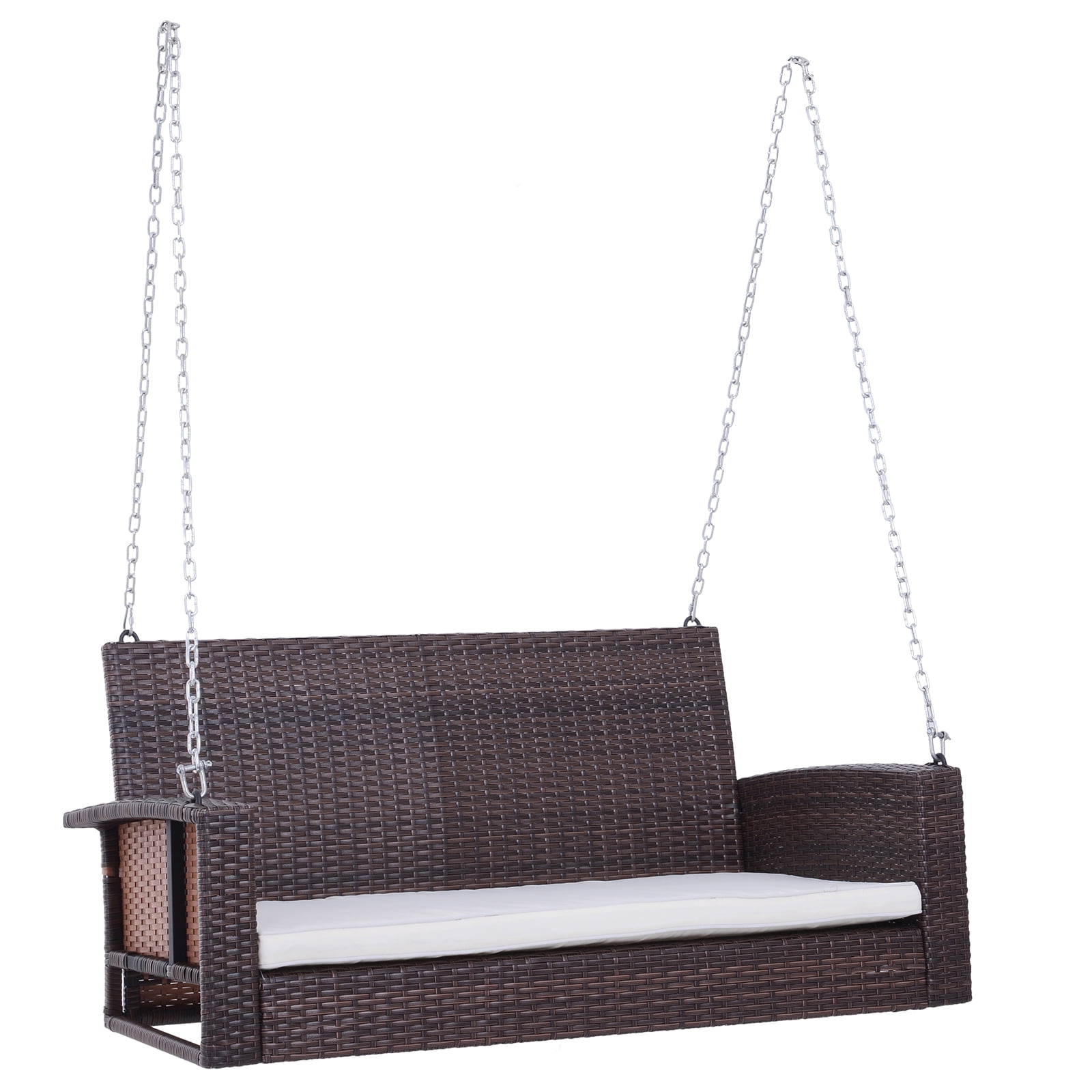 Outsunny 2-Person Patio Porch Swing Chair, Rattan Hanging Bench, Beige