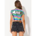 thumbnail image 3 of INSPIRE CHIC Women's Mock Neck Party Short Sleeve Metallic Crop Tops XS Multicolor, 3 of 5