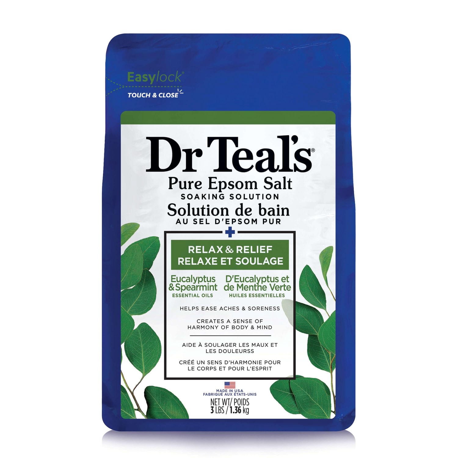 Dr Teal's Solution de bain au sel d'epsom pur, Relaxe et Soulage d'Eucalyptus et de Menthe Verte Huiles Essentielles, 1.36kg