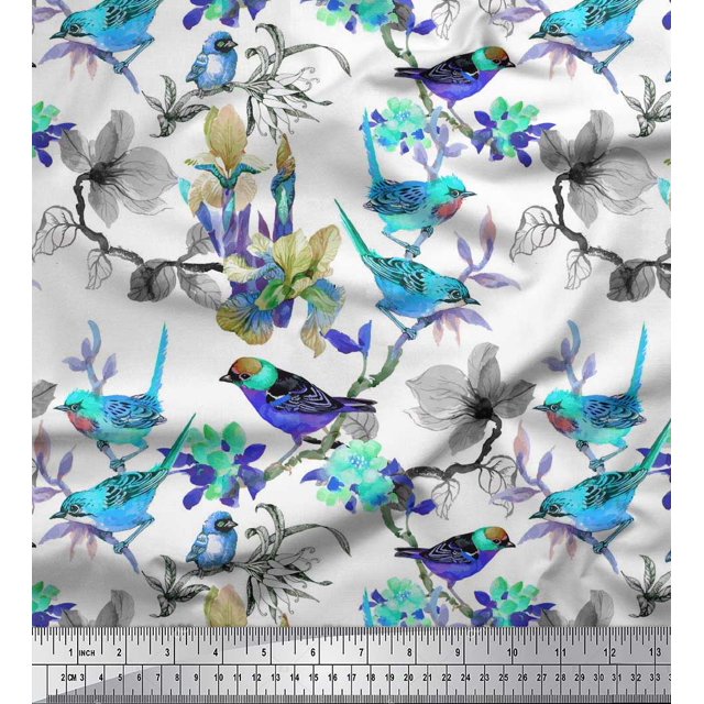 Soimoi Rayon Fabric Floral & Sparrow Bird Decor Fabric Printed Yard 56 Inch Wide