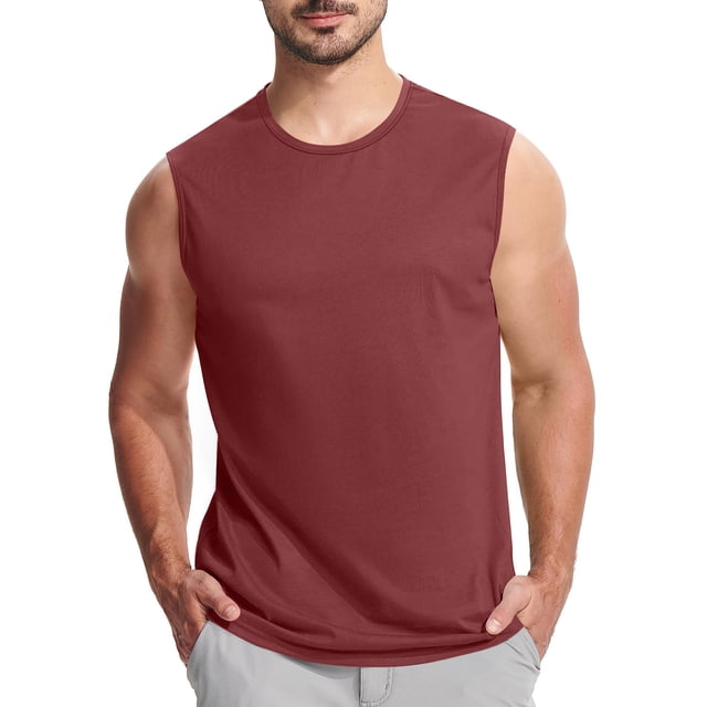 Posijego Débardeurs Décontractés pour Hommes à Col Rond, Camisoles Sans Manches pour Hommes, Entraînement Course, T-Shirts Débardeurs. Vue Orientée vers l'Avant d'Un Débardeur Sans Manches de Couleur Bordeaux Unie, avec un design à Col Rond. le Tissu en polyester Léger Offre une Coupe Douce et Respirante, Idéal pour les Entraînements, la Course Ou les Tenues Décontractées. Assorti à des shorts Gris Pâle, le Débardeur Convient à Diverses occasions, Y Compris les Séances de gym, les Activités de Plein Air Ou la Détente.