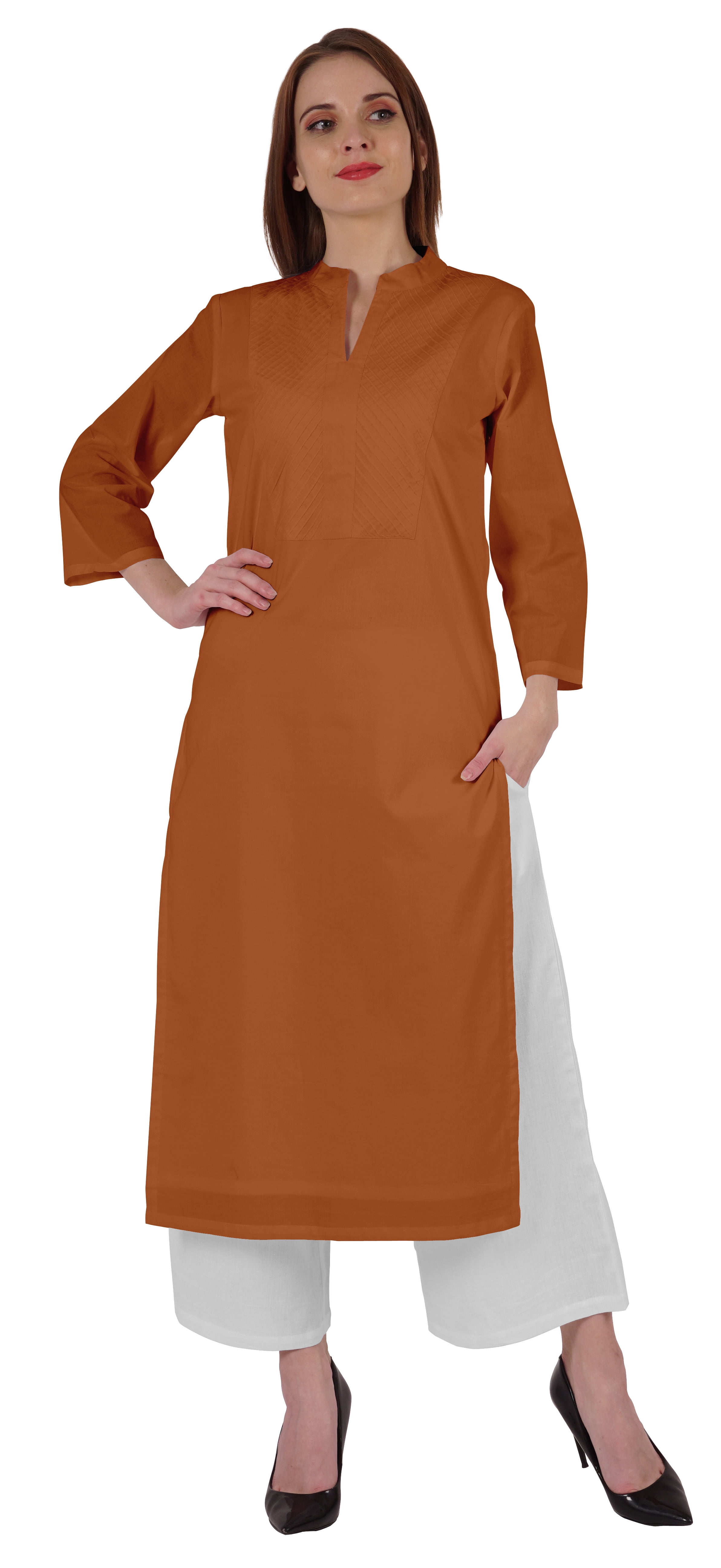 Bimba Kurta Droite Unie Ethnique Indienne pour Femmes à Col Mandarin avec Encolure Plissée en Coton