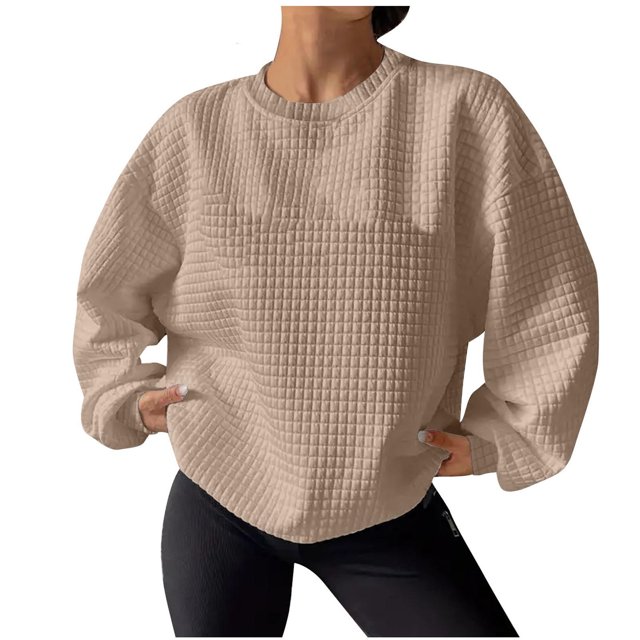 Pisexur Chandail en Molleton pour Femmes Décontracté Ample Automne Chandails en Molleton pour Femmes Couleur Unie Col Rond Chandail en Molleton Manches Longues Chemises pour Femmes Mode Chandail en Molleton Texturé Chandail Tops