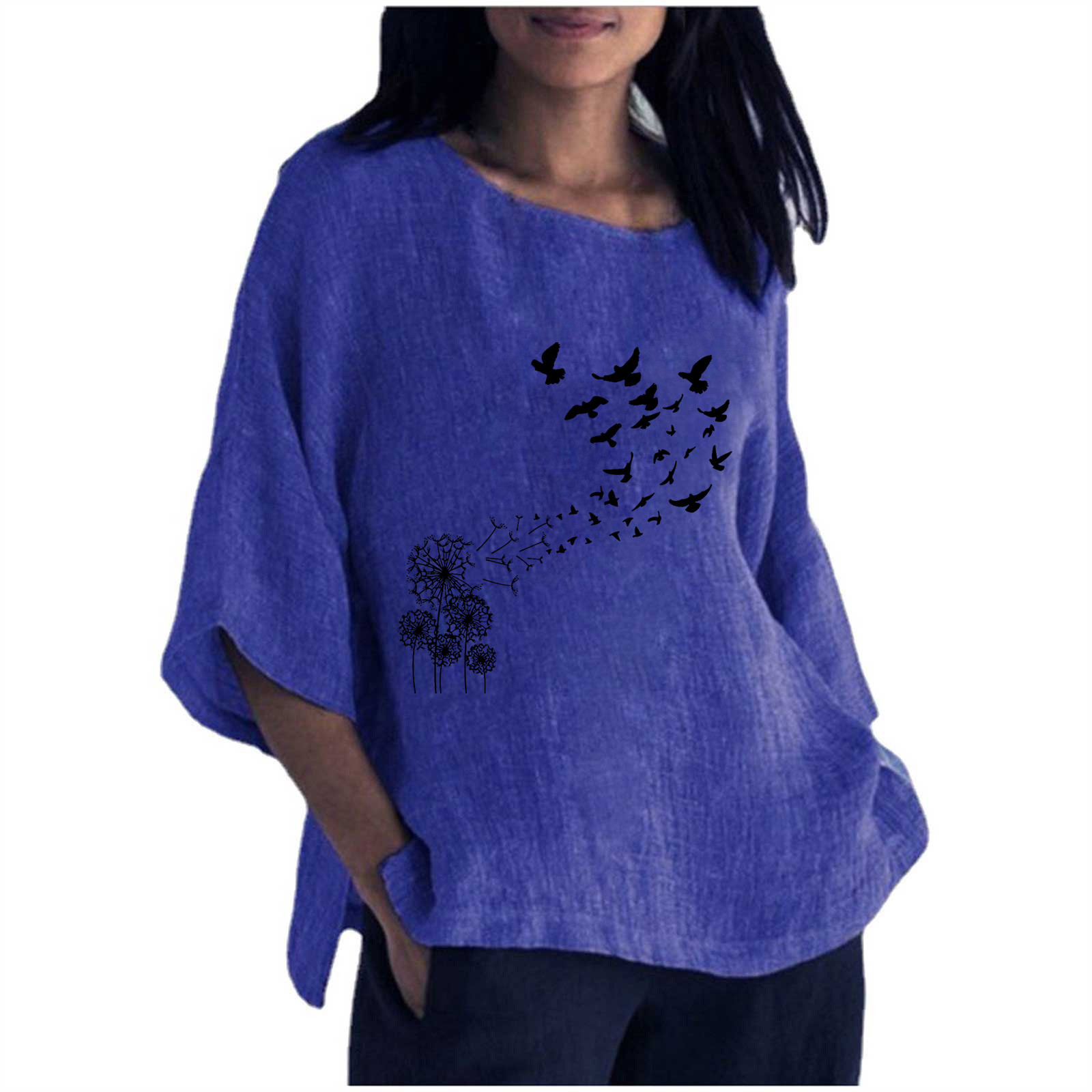 Hauts d'Été pour Femmes 2023 Femmes Été Aguichant Imprimé Régulier Bouton Col Rond Manches Trois Quarts Femmes Manches Courtes Haut Bohème Grande Taille T-Shirt pour Femmes
