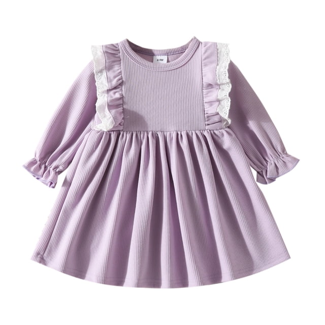 LUOGENLI Dress Toddler Girls Dress Winter Long Sleeve Ruffles Ribbed Lace Solid Color Princess Dress Maxi Dress for Girls Summer White Purple 12-18 Months