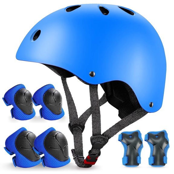 GRM Casque de Vélo pour Enfants et Ensemble d'Équipement de Protection - Âges 3-10 Garçons Filles - Planche à Roulettes Cyclisme Trottinette Patin à Roues Alignées - Bleu