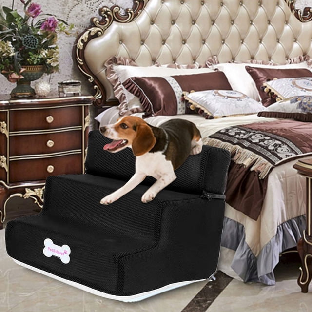 Riforla 3 Step Dog Step Stairs Pet Ladder in black, designed for small dogs, featuring a removable and comfortable mesh cover. The lightweight and compact design is ideal for assisting pets in reaching elevated surfaces like beds or couches. Shown in a luxurious bedroom setting with a beagle using the stairs.