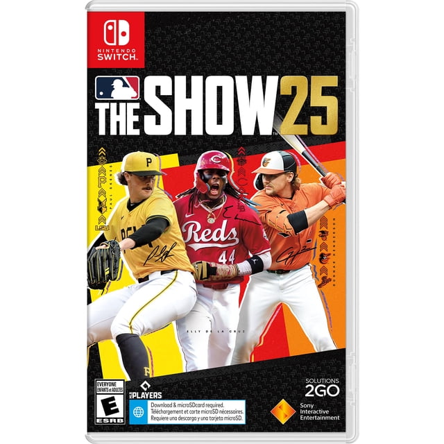 MLB® The Show™ 25 Nintendo Switch game case featuring three baseball players in Pittsburgh Pirates yellow and black, Cincinnati Reds red and white, and San Francisco Giants orange and white uniforms in pitching, batting, and fielding poses, with the title in bold white and gold text and Nintendo Switch logo at top left.