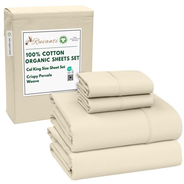 RUVANTI 100% Organic Cotton Sheets - California king Sheet Sets - 4 Piece Percale Weave Bedding, Crisp, Cooling & Breathable, Soft & Durable, 16" Deep Pocket, Hotel Quality Sábanas - Cloud Cream