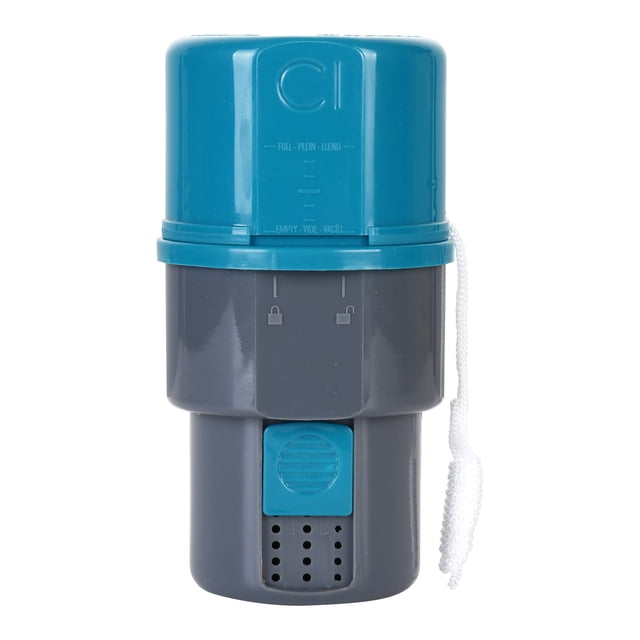 Mainstays Petit Distributeur de Brome/chlore pour Piscine et Spa avec Dessus Bleu et base Gris Foncé, Doté d'Un Coulisseau de Réglage Facile du Débit de Produits Chimiques, d'Un Indicateur de Niveau de Chlore et de Brome, et d'Un Cordon de Retenue Blanc pour Empêcher le Flottement, Idéal pour un Entretien Équilibré de l'Eau de Piscine et Spa.
