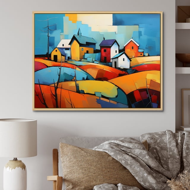 Designart Farm framed wall art decor, Farm framed wall Art, Abstract Farmstead composition , Multi-Color Country Natural framed wall art, 40x30 inches Natural brown color Frame