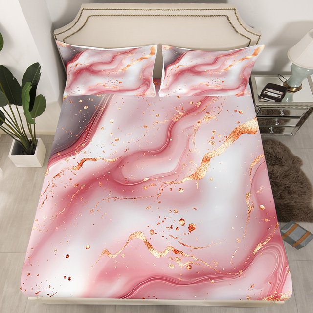 Pink Watercolour Marble Bed Sheets Full Abstract Art Bedding Set For Teens Girls Adults Colorful Retro Artwork Style Fitted Sheet Stone Pattern Sheets (No Top Sheet)