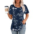 thumbnail image 2 of Hauts d'Été à Manches Courtes Femme Mode 2024 Blouses Plissées Chic Décontractées Col Rond T-Shirts de Couleur Unie (Petit, Bleu 18), 2 of 6