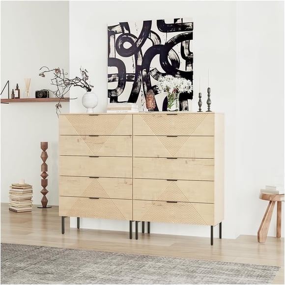 ANHDAH 5 Drawer Dressers for Bedroom,Mid Century Modern Tall Fluted Dressers,Wood Storage Cabinet Chest of Drawers Dresser for Closet,Entryway (2, White Oak)