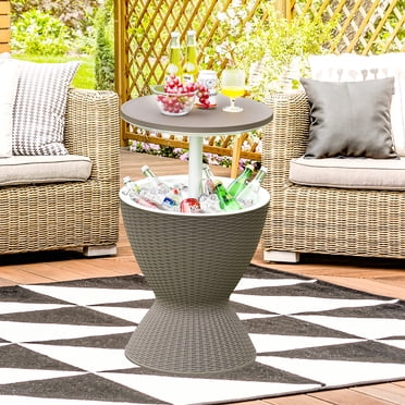 Gymax Seau Glacière de Patio de 8 Gal, Table d'Appoint de Bar Refroidissant avec Dessus de Table Rétractable, Brun