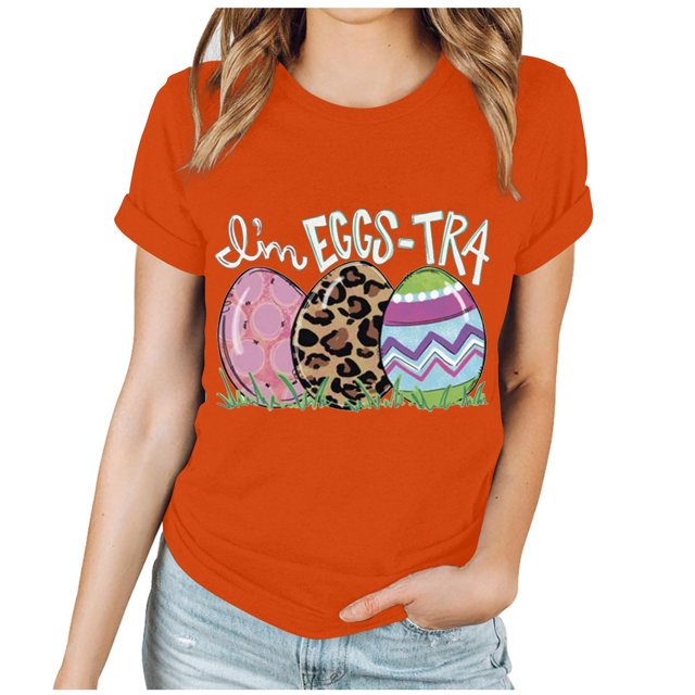 EGNMCR Shirts Chemises de Pâques pour Femmes Chemises Imprimé de Pâques Femmes Impression Manches Courtes Haut Manches Courtes Col Rond Haut Chemise Femmes T-