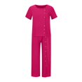 thumbnail image 4 of 2 Pièces Tenues pour les Femmes Été Solide Col Rond Bouton Demi Manches Pull Chemise Tops + Pantalon Pantalon Ensemble de Pantalons, 4 of 8