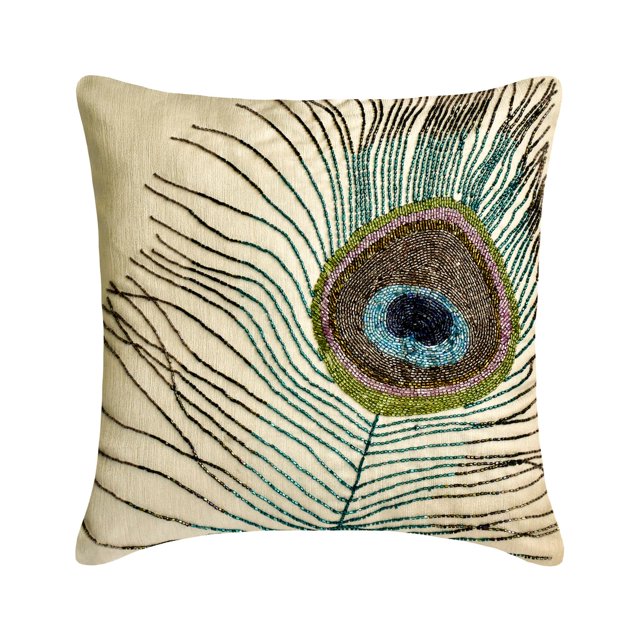 Pillow Case With Zipper, Blue 24"x24" (60x60 cm) Throw Pillows, Velvet Peacock Feather, Beaded Throw Pillows For Couch, Nature & Floral Pattern Art Deco Style - Bird Of Juno