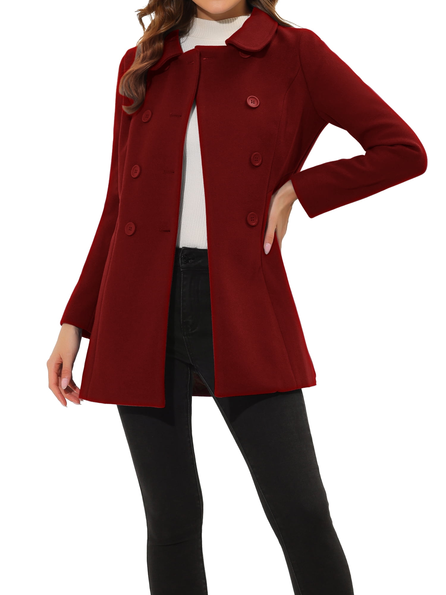 INSPIRE CHIC Manteau Caban Long d'Hiver à Double Boutonnage pour Femme à Col Peter Pan S Rouge Foncé
