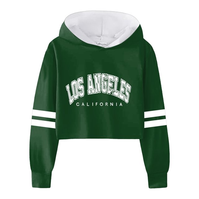 MIASHUI Girls Crop Tops Striped Letter Print Long Sleeve Hoodies Sweatshirt,Green,8-9 Years