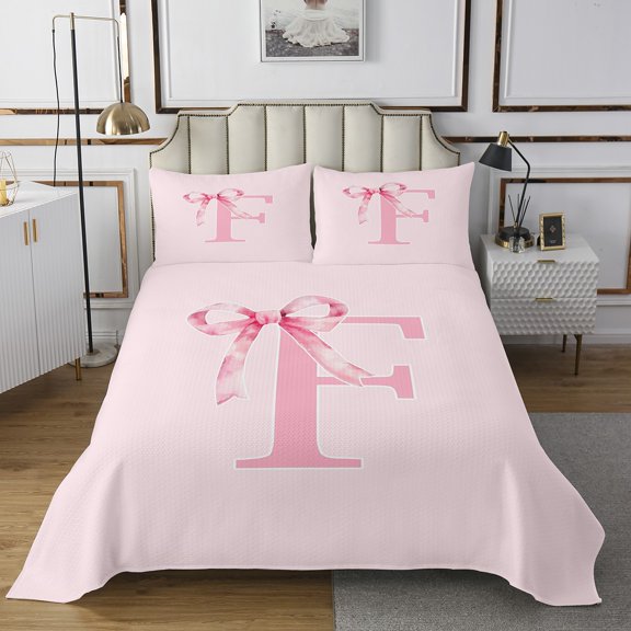Erosebridal Cartoon Letter Bedspread Sets Twin Size,Pink Bowknot Bed Quilt,Initial Decoration,Breathable,2 Pieces