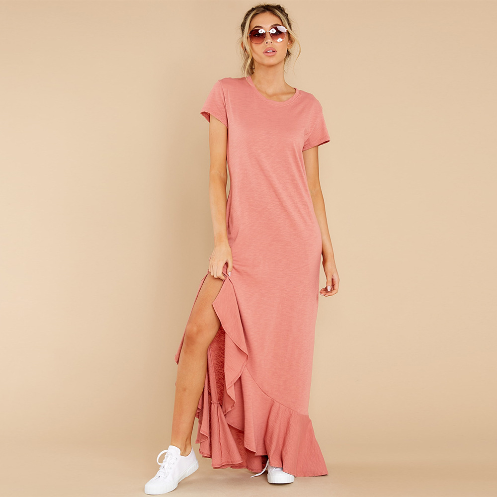New Women's Crewneck Short Sleeve Ruffles Decor Asymmetrical Long Dress New Solid Color Casual Loose Robe Holiday Maxi Vestidos