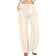 thumbnail image 1 of WEIYLL Womens Pants Linen Elastic High Waist Drawstring Wide Leg Yoga Beige Pant size S, 1 of 8