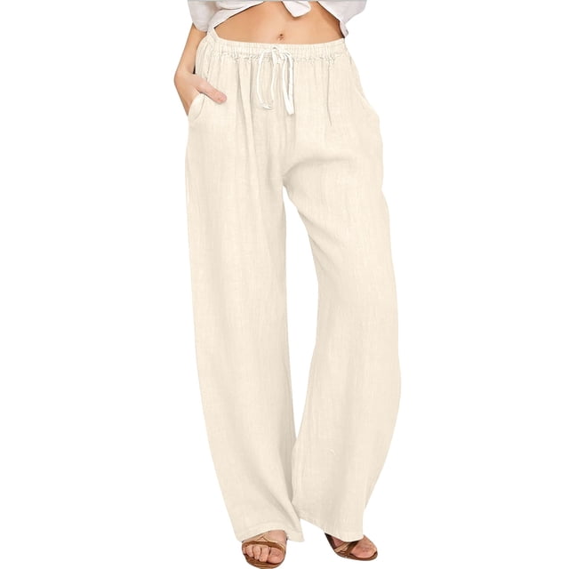 WEIYLL Womens Pants Linen Elastic High Waist Drawstring Wide Leg Yoga Beige Pant size S