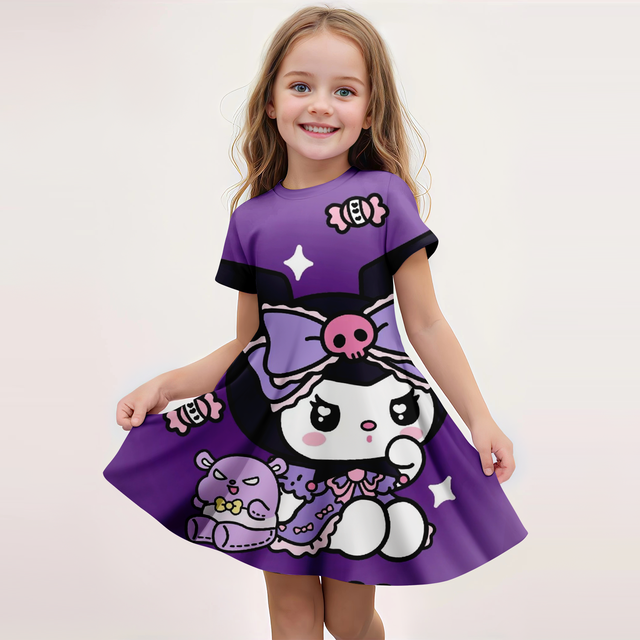 Nouvelle Robe d'Été pour Filles, Mode, Dessin Animé, Mignonne Kuromi et My Melody, Robes à Imprimé 3D pour Filles, Manches Courtes, Vêtements de Princesse FGS. la Robe Présente un design Violet Vif avec une Grande Impression 3D de Kuromi, Accentuée de motifs de Bonbons et d'Étoiles. Elle a des Manches Courtes et une silhouette Évasée de Style Princesse, Idéale pour l'Été.