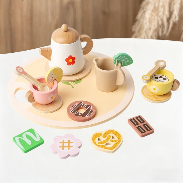 Simulated Tea Set For Pretend Play Wooden Afternoons Tea Toy With Tray Pastels Style Social Interaction Set Household accessories
