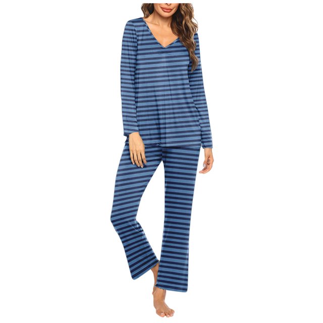 Timegard Pajamas Sets for Women 2 Piece Stripted Long Sleeve V Neck Ruched Top and Pants Fall Pjs Outfits
