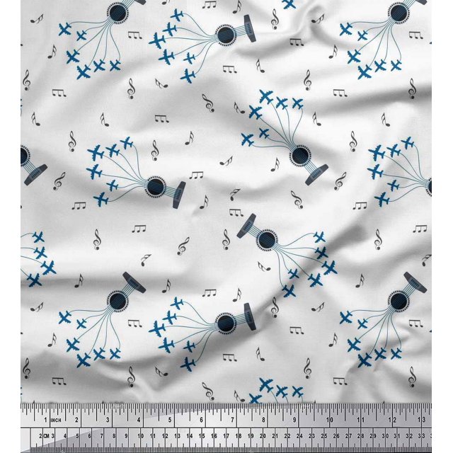 Soimoi Poly Georgette Fabric Airplane,Guitar Wire & Notes Musical Instrument Print Fabric by The Yard 42 Inch Wide