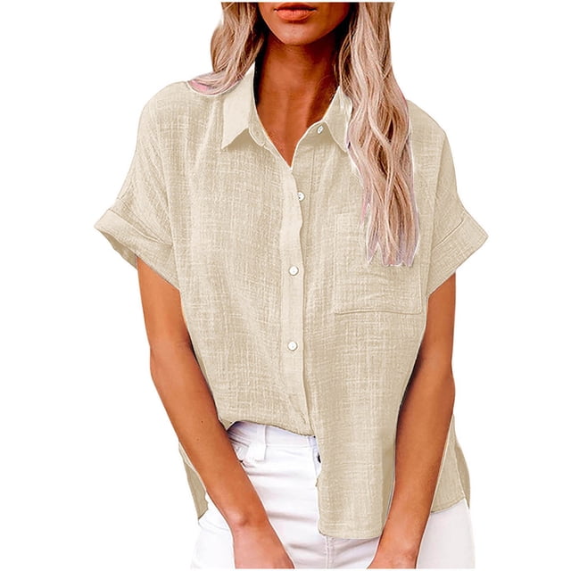 Dealovy Plus Size Womens Button down Shirts Cotton Linen Rolled Short Sleeve Loose Casual Work Blouses