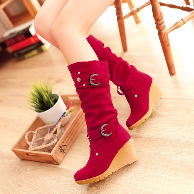 2021 Chaussures Plates d'Hiver pour Femmes Bout Rond Compensées Épaisses Bottes à Tige Longue pour Dames