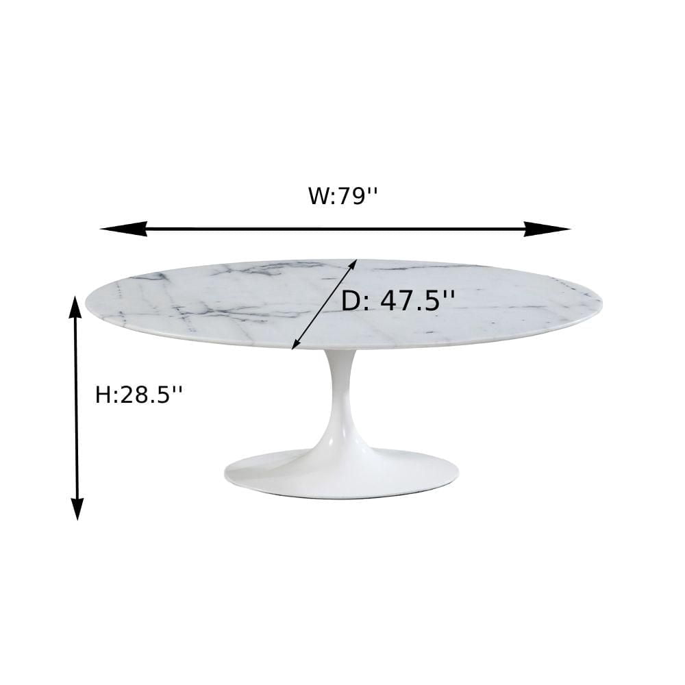 SALLE À MANGER OVALE EN MARBRE 67'' . Table de salle à manger ovale élégante avec plateau en marbre et base en aluminium blanc<br>Dimensions : 28,5" H x 79" L x 47,5" P