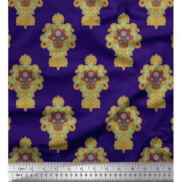 Soimoi Blue polyester Crepe Fabric Floral Damask Print Fabric by Yard 42 Inch Wide