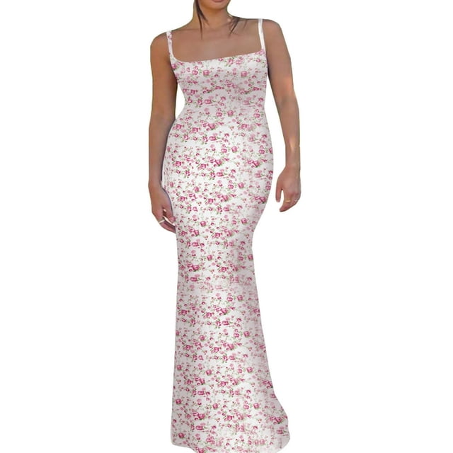 Robe Longue Maxi Sans Manches à Bretelles Spaghetti Découpée à Imprimé Floral pour Femmes
