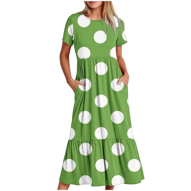 Snorda Robe Longue Ample à Imprimé pour Femmes, à Manches Courtes, avec Poche et Col Rond