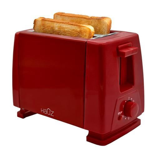 Hauz AT2SR - 2 Slice Toaster, Wide Slot, Crumb Tray, 750 Watts, Red
