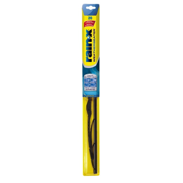 Rain-X Weatherbeater 20" wiper blade in yellow and blue packaging featuring a black galvanized steel frame and natural rubber squeegee, designed for smooth, streak-free wiping with even pressure distribution and pre-installed small J-hook adapter for easy installation.
